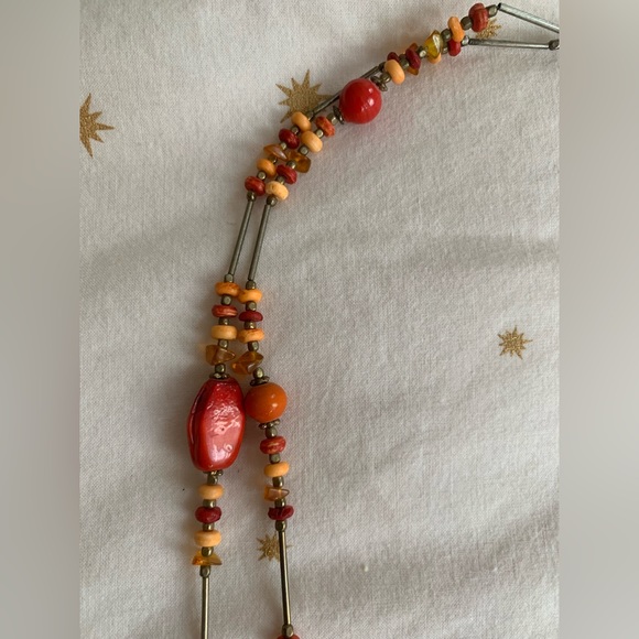 Double string Long necklace w orange and red beads - Picture 8 of 10
